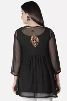 Seva Chikan Hand Embroidered Black Faux Georgette Chikankari Top With Slip