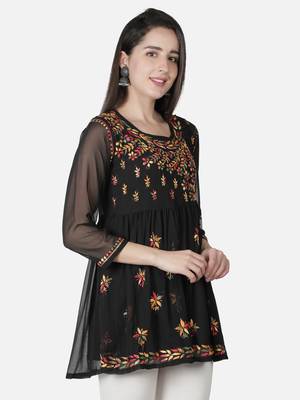 Seva Chikan Hand Embroidered Black Faux Georgette Chikankari Top With Slip 3