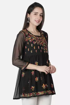 Seva Chikan Hand Embroidered Black Faux Georgette Chikankari Top With Slip