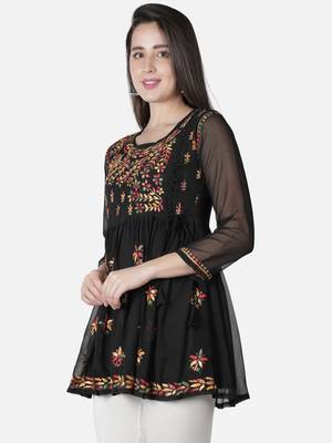 Seva Chikan Hand Embroidered Black Faux Georgette Chikankari Top With Slip 4