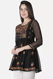Seva Chikan Hand Embroidered Black Faux Georgette Chikankari Top With Slip