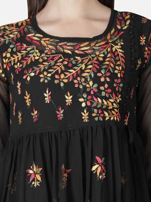Seva Chikan Hand Embroidered Black Faux Georgette Chikankari Top With Slip 5