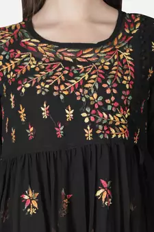 Seva Chikan Hand Embroidered Black Faux Georgette Chikankari Top With Slip