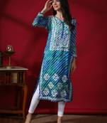 Hand Embroidered Aqua Green Kota Lucknowi Chikankari Kurti With Slip