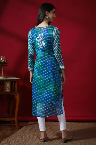 Hand Embroidered Aqua Green Kota Lucknowi Chikankari Kurti With Slip