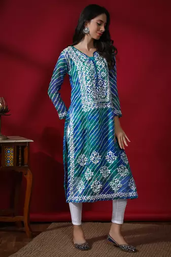 Hand Embroidered Aqua Green Kota Lucknowi Chikankari Kurti With Slip