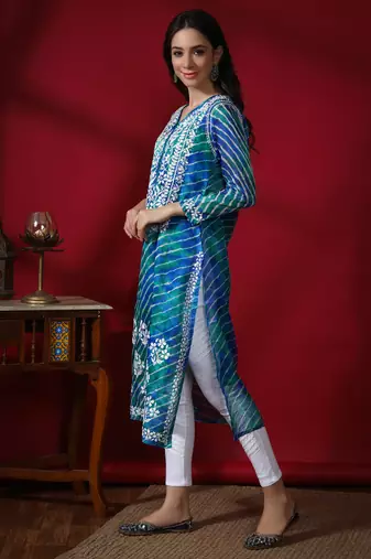 Hand Embroidered Aqua Green Kota Lucknowi Chikankari Kurti With Slip