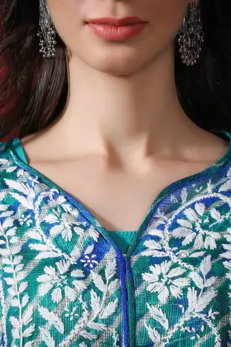 Hand Embroidered Aqua Green Kota Lucknowi Chikankari Kurti With Slip