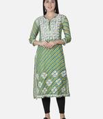 Hand Embroidered Green Kota Lucknowi Chikankari Kurti With Slip
