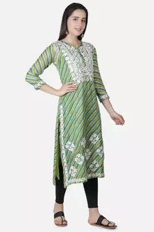 Hand Embroidered Green Kota Lucknowi Chikankari Kurti With Slip