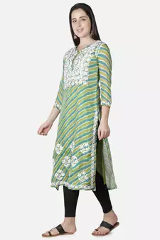 Hand Embroidered Green Kota Lucknowi Chikankari Kurti With Slip