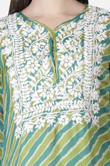 Hand Embroidered Green Kota Lucknowi Chikankari Kurti With Slip