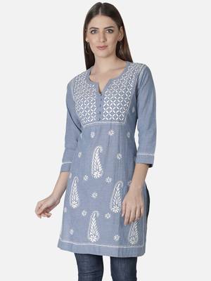 Hand Embroidered Light Blue Cotton Lucknowi Chikankari Short Kurti 1