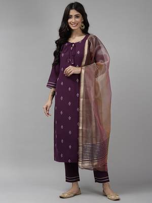 Indo Era Purple Embroidred Straight Kurta Trouser With Dupatta Set 1