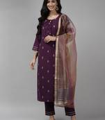 Indo Era Purple Embroidred Straight Kurta Trouser With Dupatta Set