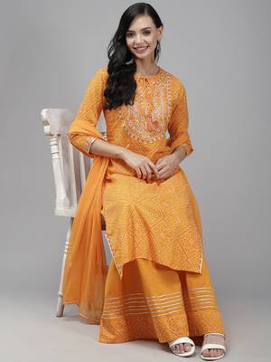 Indo Era Orange Printed Straight Kurta Palazzo With Dupatta Set 4