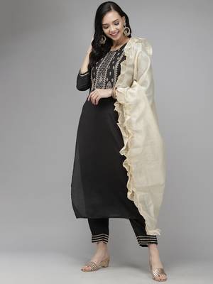 Indo Era Black Embroidred  Kurta Trouser With Dupatta Set 1