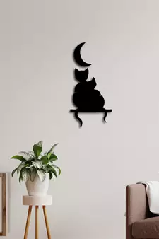 eCraftIndia Cat Couple at Moon Night Black Engineered Wood Wall Art Cutout Ready to Hang Home Decor