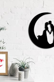 eCraftIndia Couple on the moon Black Engineered Wood Wall Art Cutout Ready to Hang Home Decor