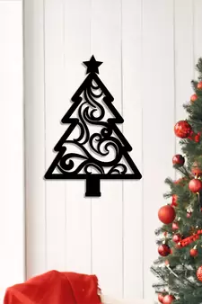 eCraftIndia Christmas Tree Black Engineered Wood Wall Art Cutout Ready to Hang Home Decor
