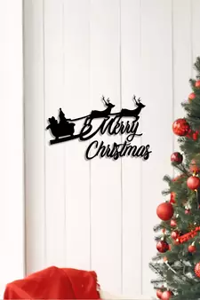 eCraftIndia Santa with Reindeer Black Engineered Wood Wall Art Cutout Ready to Hang Home Decor