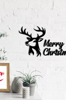 eCraftIndia Merry Christmas Reindeer Black Engineered Wood Wall Art Cutout Ready to Hang Home Decor