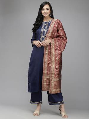 Indo Era Navy Blue Embroidered Straight Kurta Trouser With Dupatta Set 1