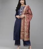 Indo Era Navy Blue Embroidered Straight Kurta Trouser With Dupatta Set