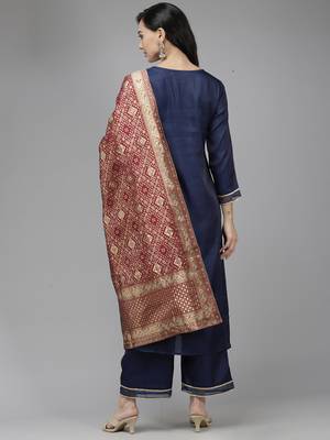 Indo Era Navy Blue Embroidered Straight Kurta Trouser With Dupatta Set 2