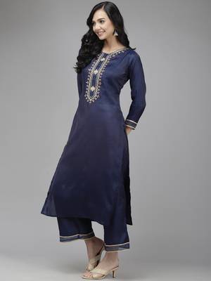 Indo Era Navy Blue Embroidered Straight Kurta Trouser With Dupatta Set 3