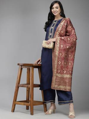Indo Era Navy Blue Embroidered Straight Kurta Trouser With Dupatta Set 4