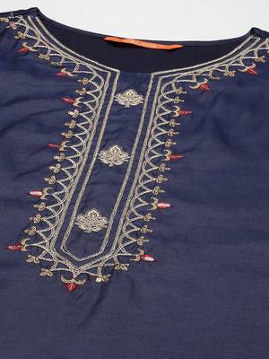 Indo Era Navy Blue Embroidered Straight Kurta Trouser With Dupatta Set 5