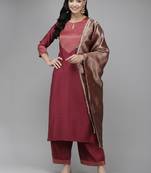 Indo Era Wine Solid Straight Kurta Palazzo With Dupatta Set