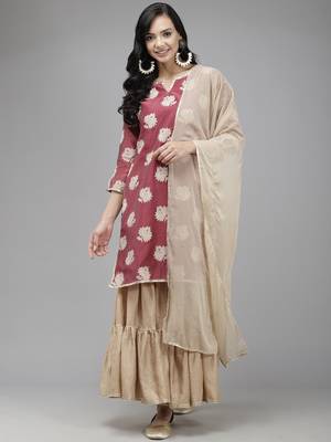Indo Era Wine Printed Straight Kurta Sharara With Dupatta Set 1