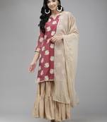 Indo Era Wine Printed Straight Kurta Sharara With Dupatta Set