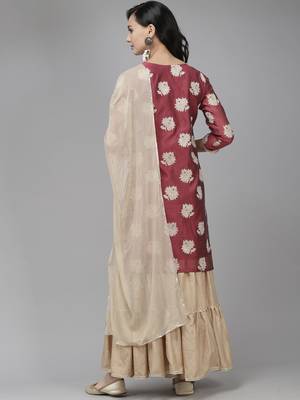 Indo Era Wine Printed Straight Kurta Sharara With Dupatta Set 2