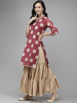 Indo Era Wine Printed Straight Kurta Sharara With Dupatta Set 3