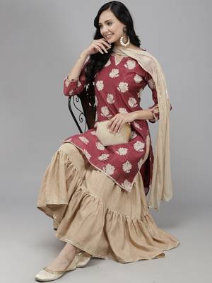 Indo Era Wine Printed Straight Kurta Sharara With Dupatta Set 4