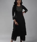 Indo Era Black Embroidered Straight Kurta With Trouser Set