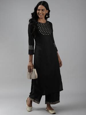 Indo Era Black Embroidered Straight Kurta With Trouser Set 4