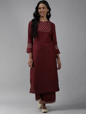 Indo Era Wine Embroidered Straight Kurta With Trouser Set 1