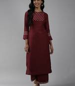Indo Era Wine Embroidered Straight Kurta With Trouser Set