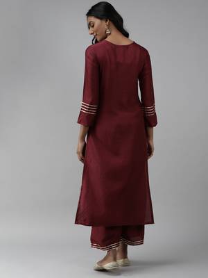 Indo Era Wine Embroidered Straight Kurta With Trouser Set 2