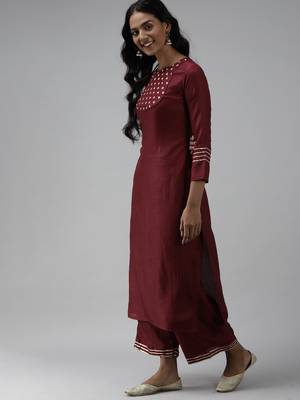 Indo Era Wine Embroidered Straight Kurta With Trouser Set 3