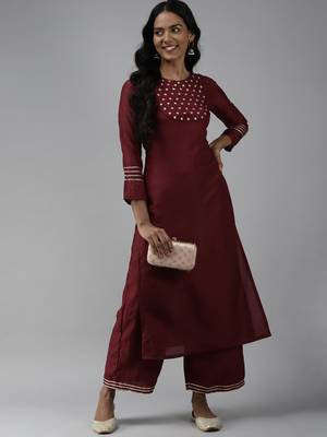 Indo Era Wine Embroidered Straight Kurta With Trouser Set 4