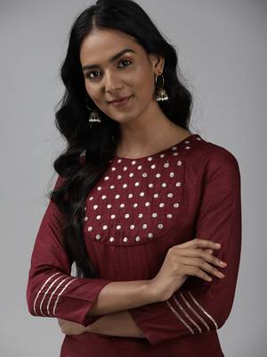 Indo Era Wine Embroidered Straight Kurta With Trouser Set 5