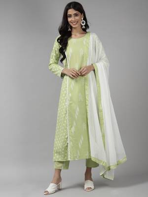 Indo Era Sea Green Printed A-line Kurta Trouser With Dupatta Set 1