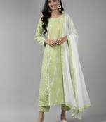 Indo Era Sea Green Printed A-line Kurta Trouser With Dupatta Set