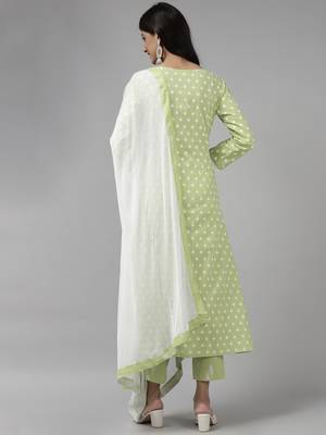 Indo Era Sea Green Printed A-line Kurta Trouser With Dupatta Set 2