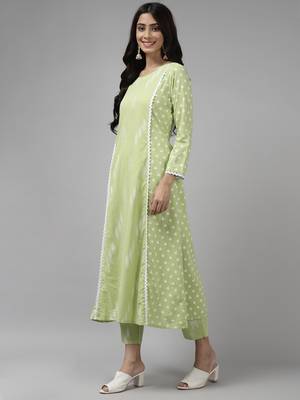 Indo Era Sea Green Printed A-line Kurta Trouser With Dupatta Set 3